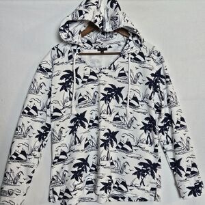 NWOT Talbots Hoodie Women L Petite Palm Tree Sailboats Navy & White Sweatshirt